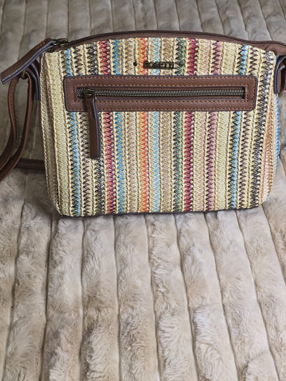 Rosetti Striped Multicolor Straw Crossbody with Brown Trim